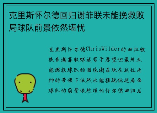 克里斯怀尔德回归谢菲联未能挽救败局球队前景依然堪忧 克里斯怀尔德回归谢菲联未能挽救败局球队前景依然堪忧