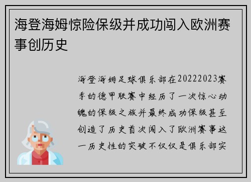 海登海姆惊险保级并成功闯入欧洲赛事创历史