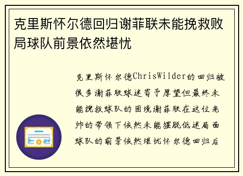 克里斯怀尔德回归谢菲联未能挽救败局球队前景依然堪忧