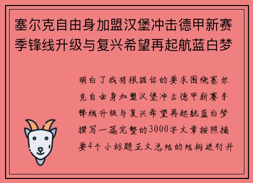 塞尔克自由身加盟汉堡冲击德甲新赛季锋线升级与复兴希望再起航蓝白梦